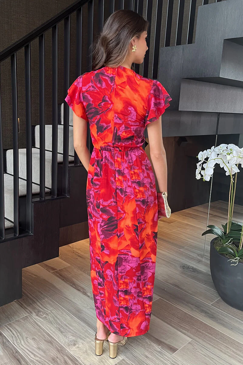 Orange And Purple Abstract Print Flutter Sleeve Midi Dress - Image 5