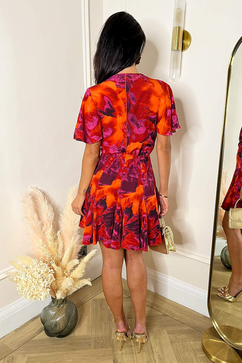 Orange And Purple Abstract Print Wrap Top Skater Mini Dress - Image 5