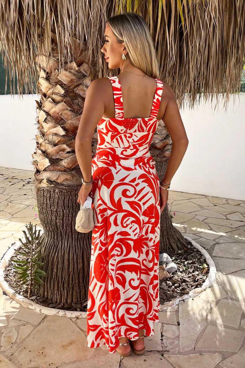 Orange And White Tropical Print Shirred Straps Button Detail Midi Dress - Image 5
