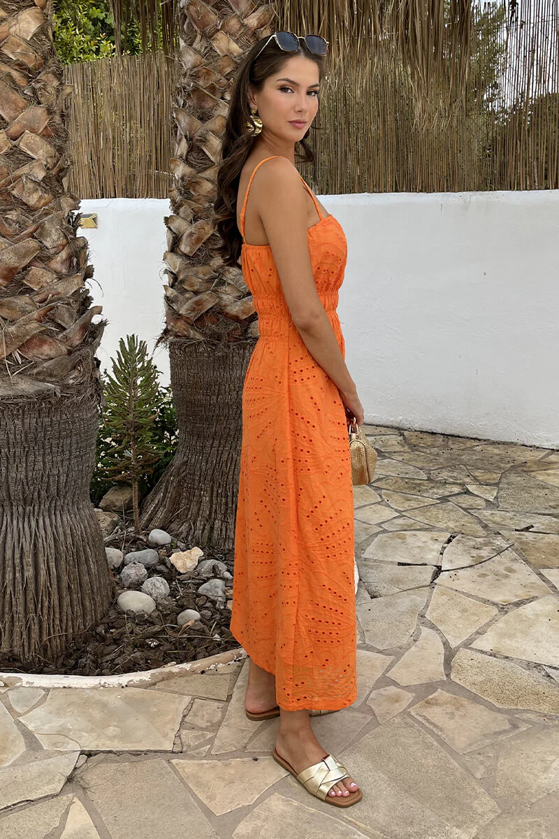 Orange Broderie Strappy Shirred Waist Midi Dress - Image 10