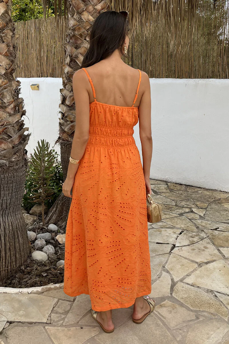 Orange Broderie Strappy Shirred Waist Midi Dress - Image 11