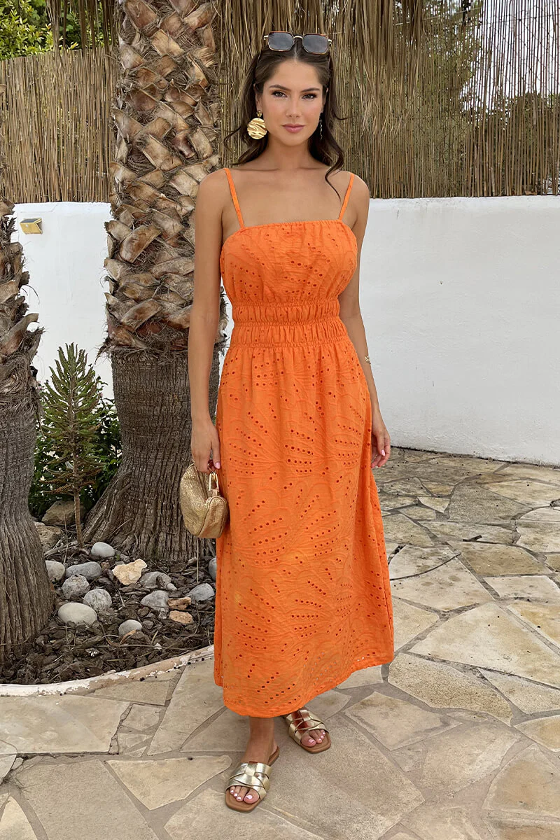 Orange Broderie Strappy Shirred Waist Midi Dress - Image 8