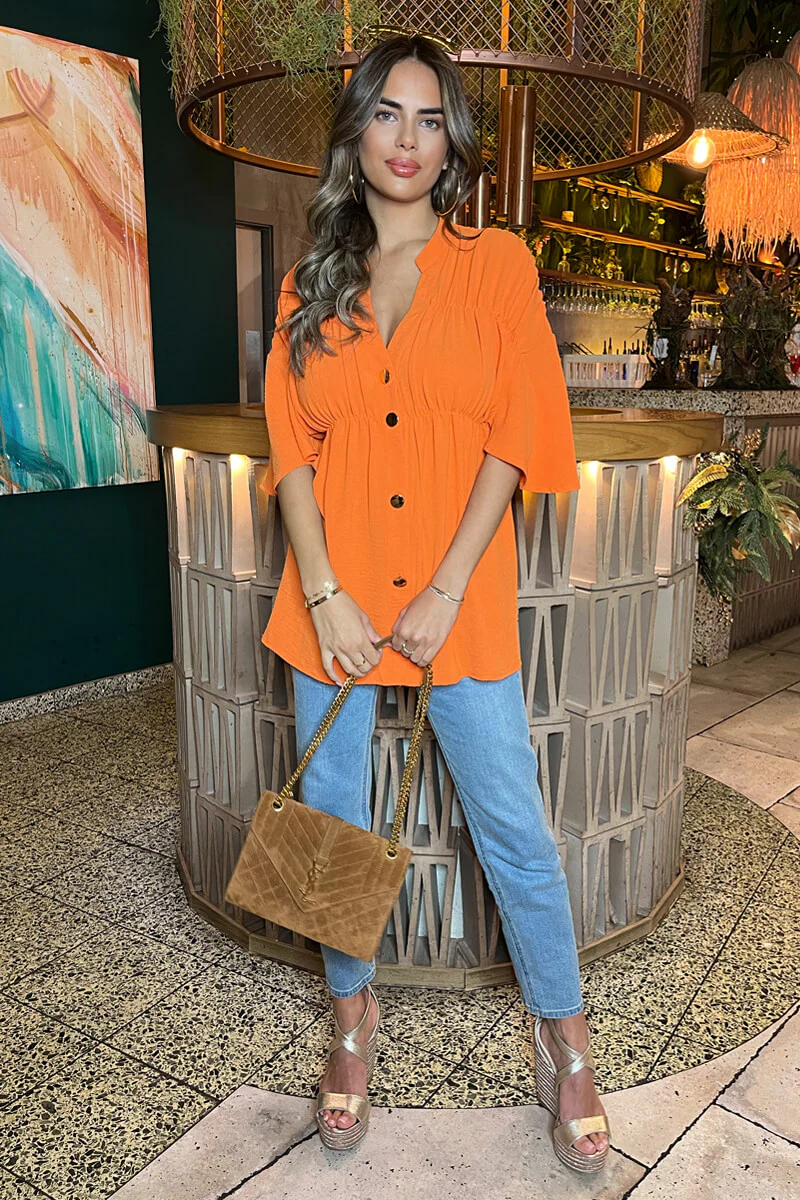 Orange Button Up Ruched Detail Smock V-Neck Top - Image 2