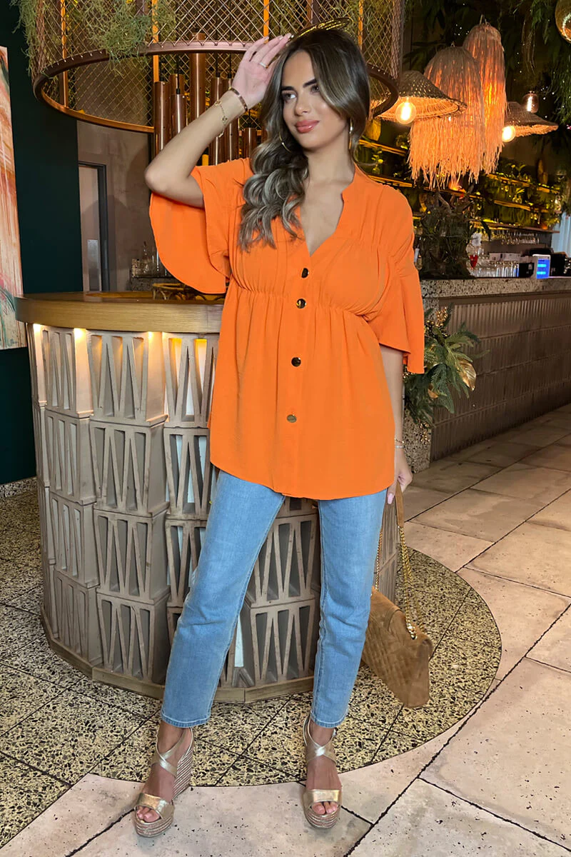Orange Button Up Ruched Detail Smock V-Neck Top - Image 4