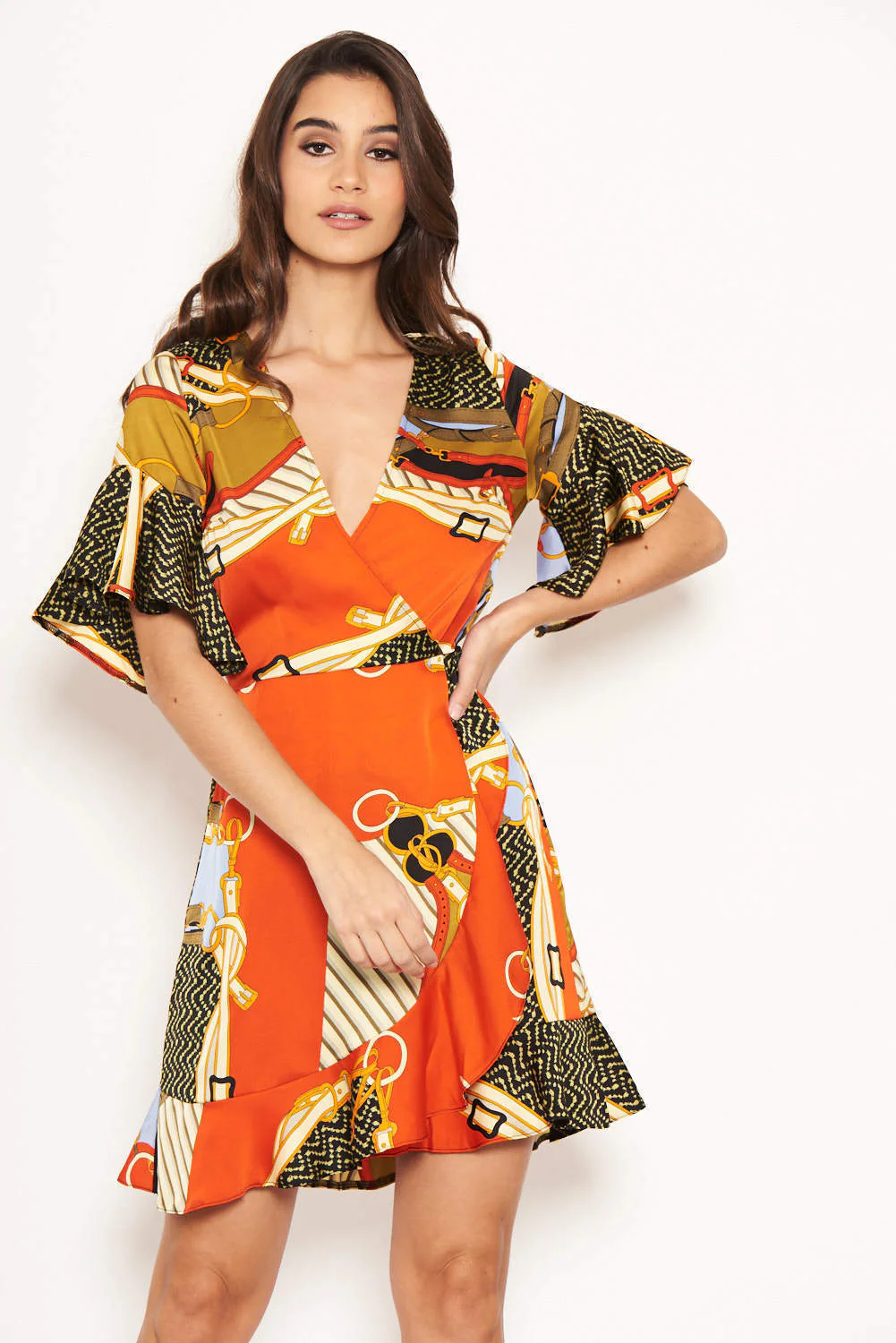 Orange Chain Print Wrap Dress - Image 5