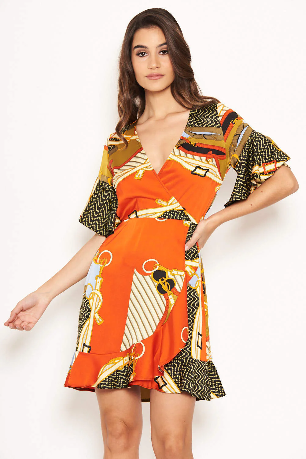 Orange Chain Print Wrap Dress - Image 6