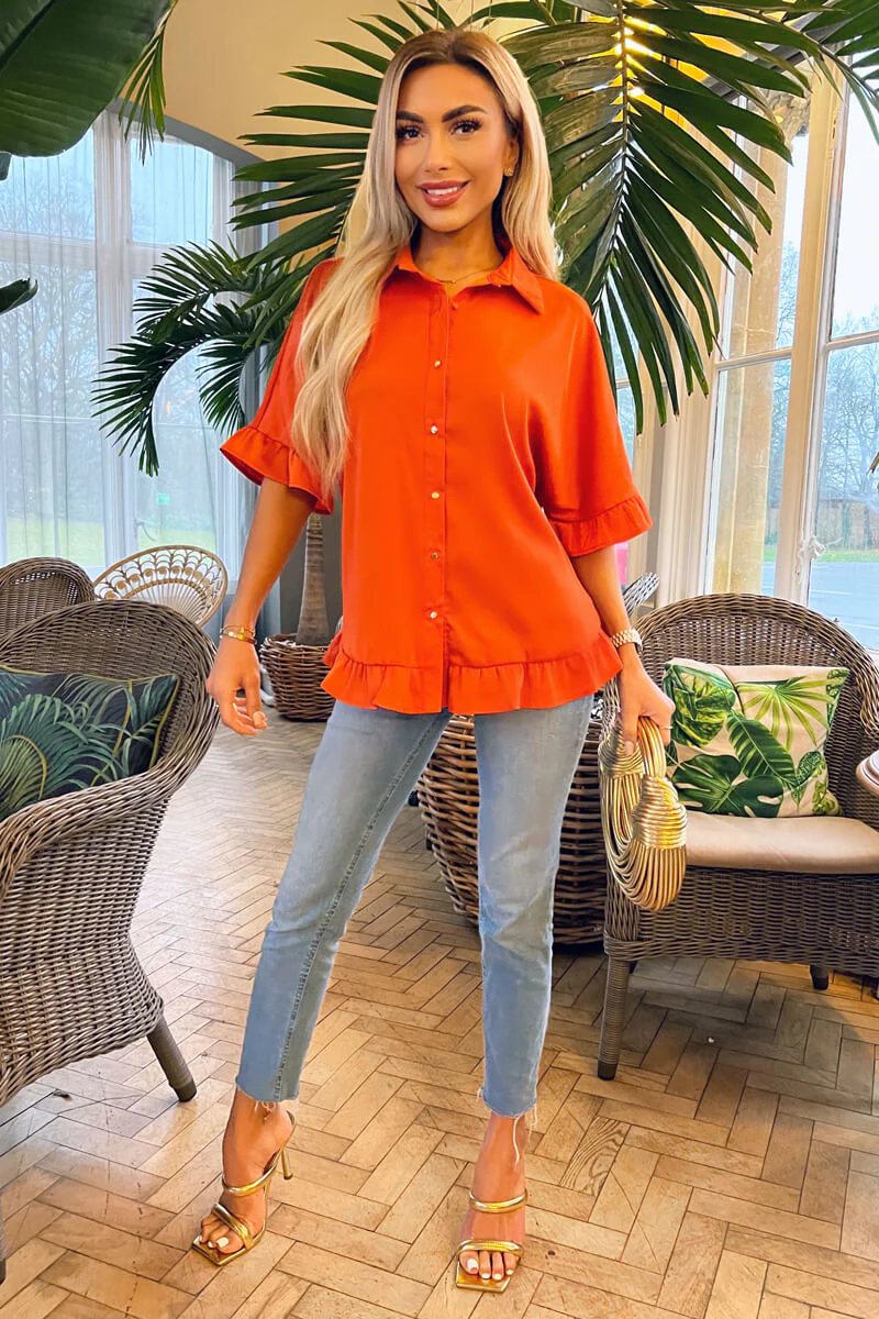 Orange Frill Detail Gold Button Front Shirt - Image 2
