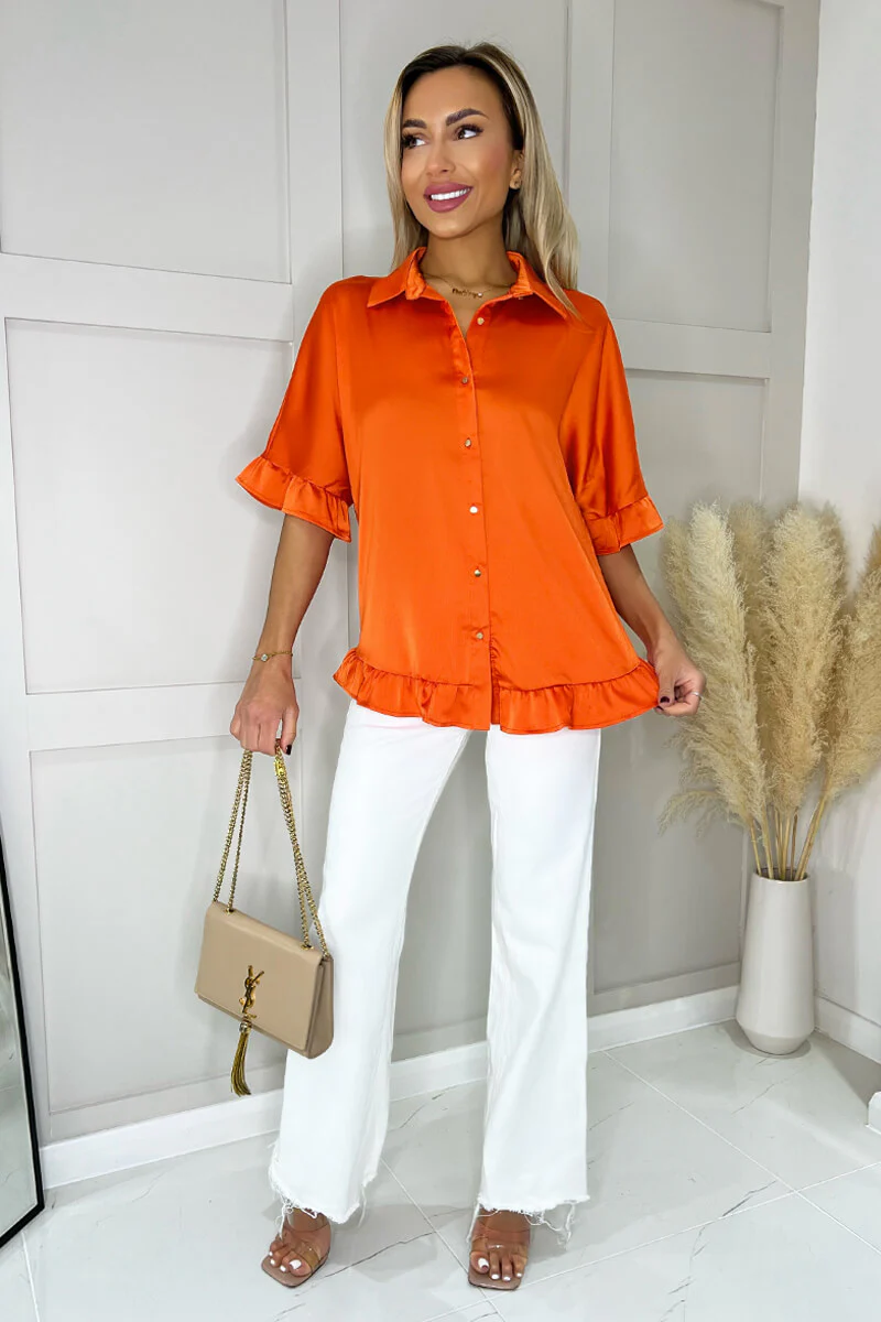 Orange Frill Detail Gold Button Front Shirt - Image 3