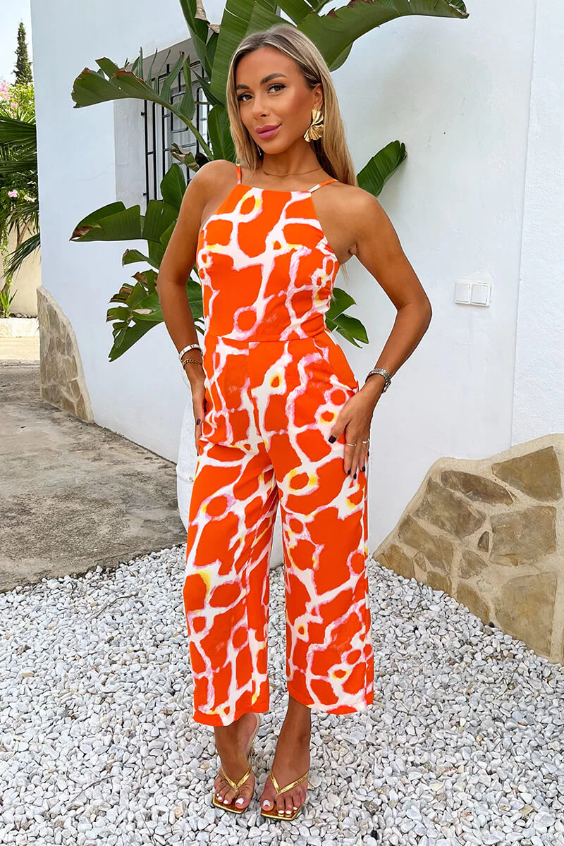 Orange Giraffe Print Strappy Racer Neck Jumpsuit - Image 2