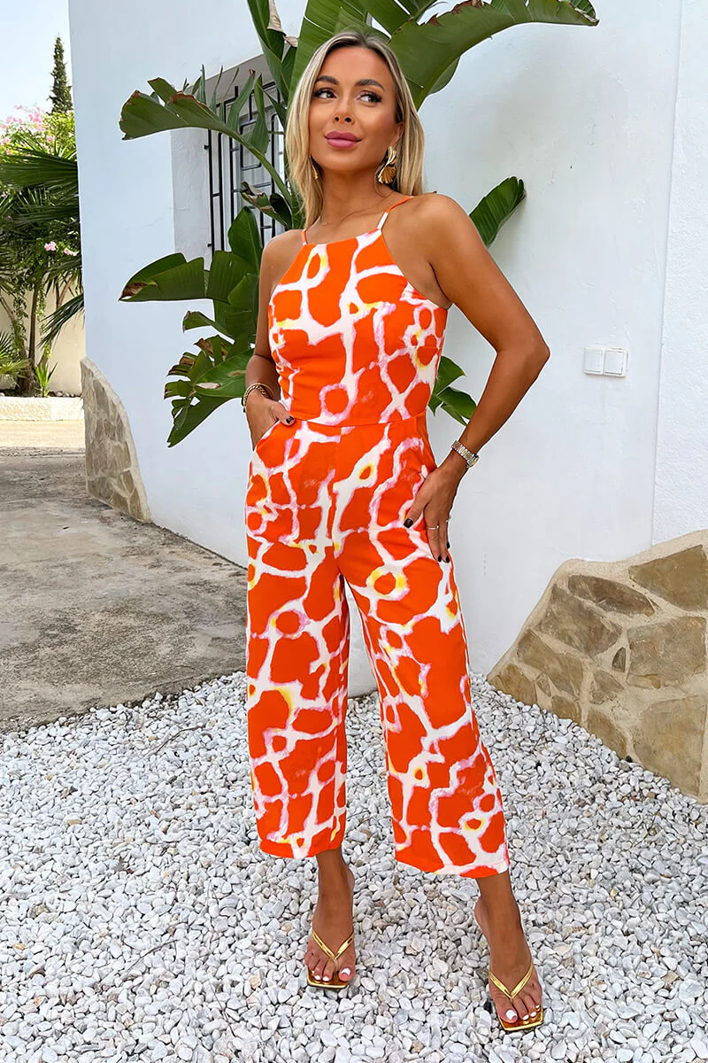 Orange Giraffe Print Strappy Racer Neck Jumpsuit - Image 3