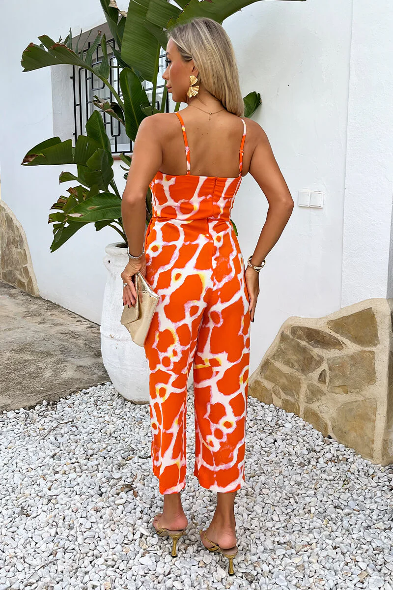 Orange Giraffe Print Strappy Racer Neck Jumpsuit - Image 5