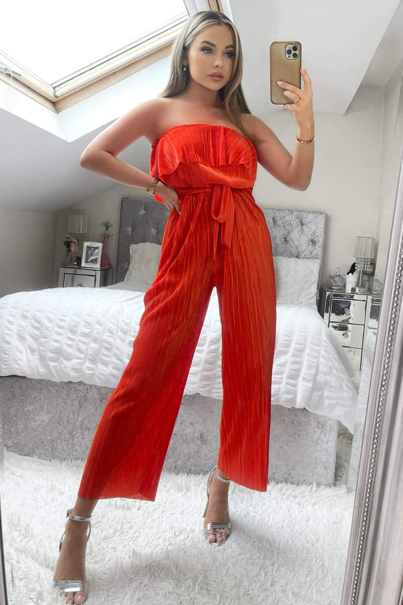 Orange Plisse Bardot Jumpsuit - Image 2