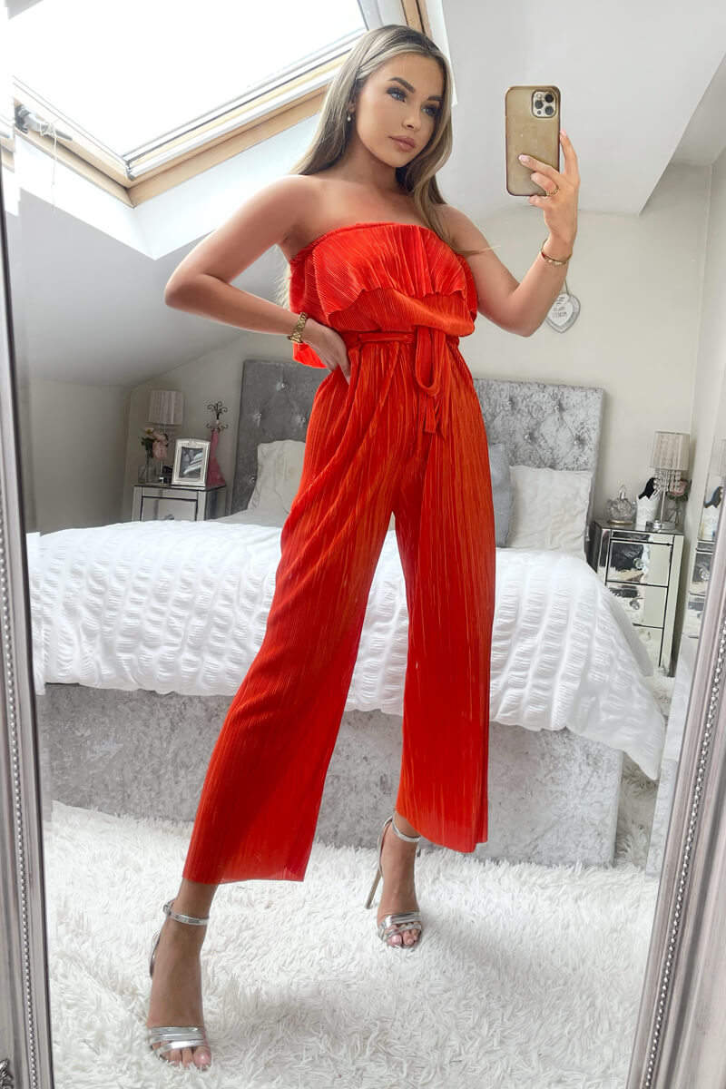Orange Plisse Bardot Jumpsuit - Image 3