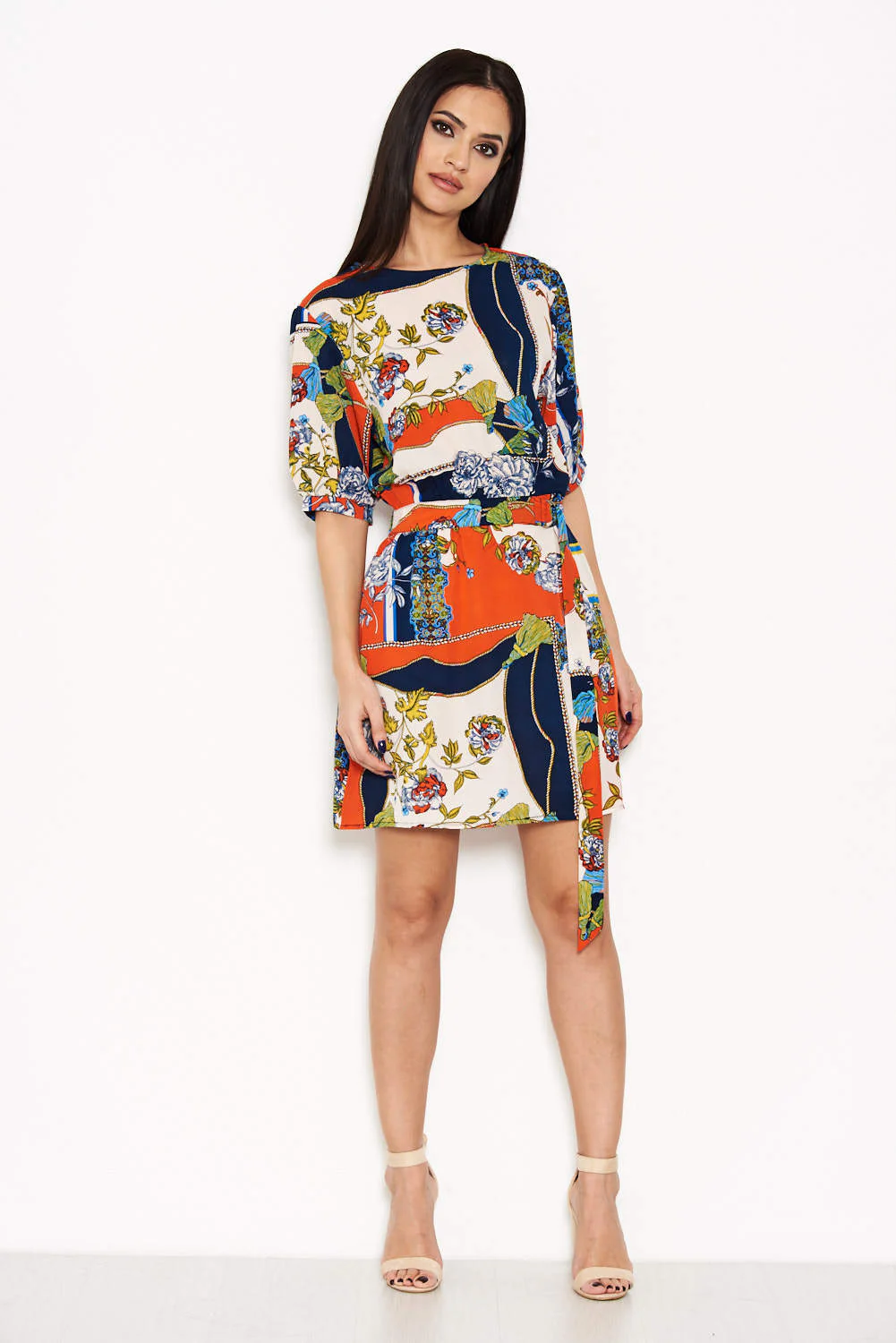 Orange Printed Tie Belt Dress - Image 2
