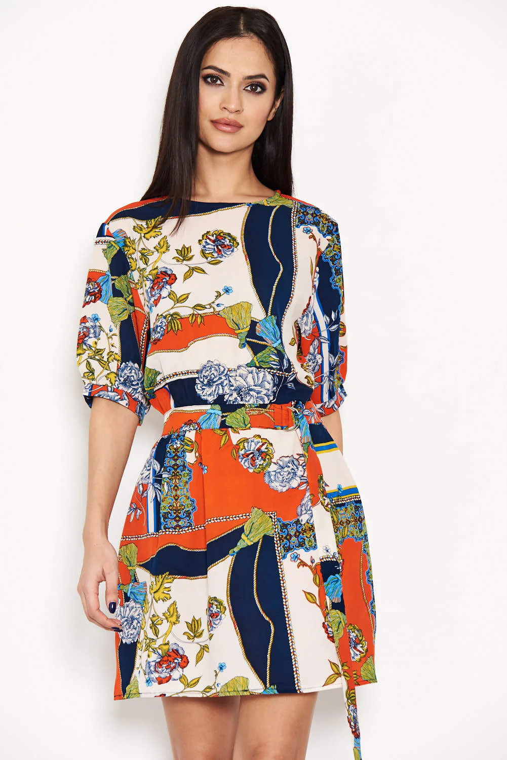 Orange Printed Tie Belt Dress - Image 4