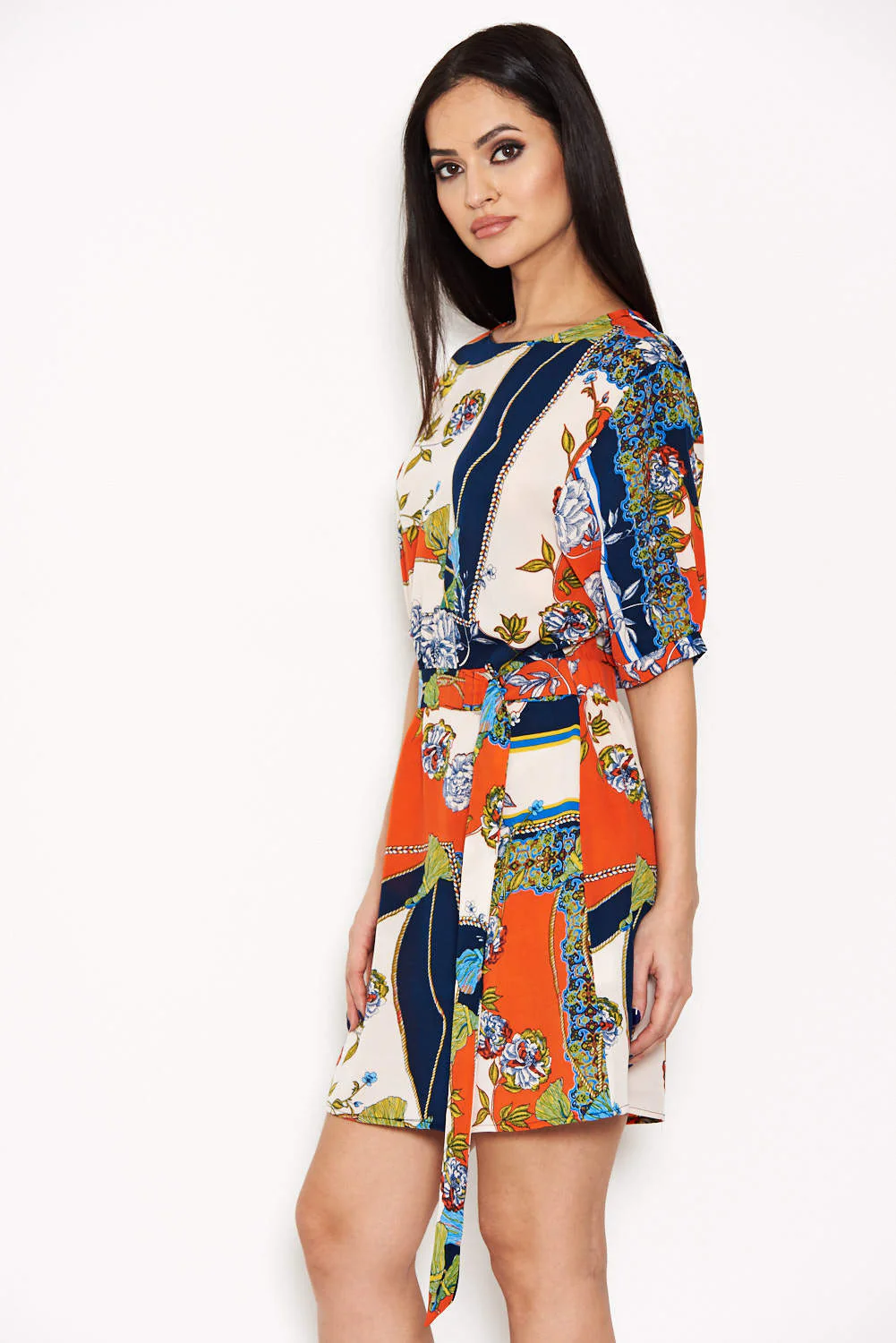 Orange Printed Tie Belt Dress - Image 5