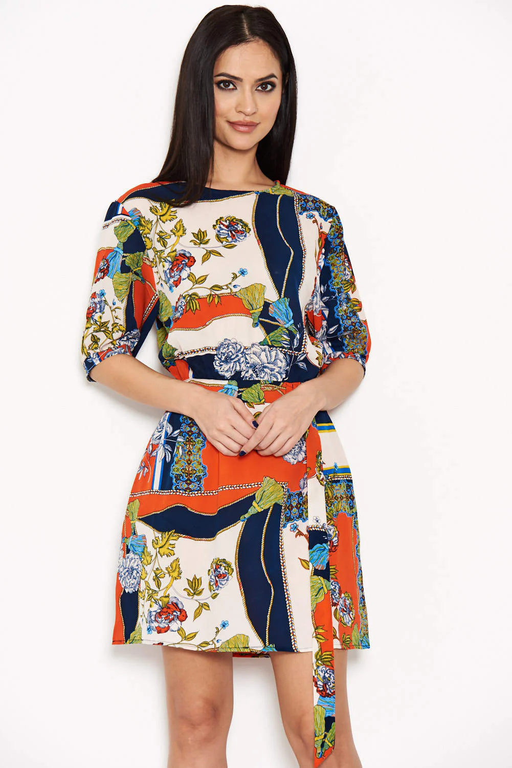 Orange Printed Tie Belt Dress - Image 6