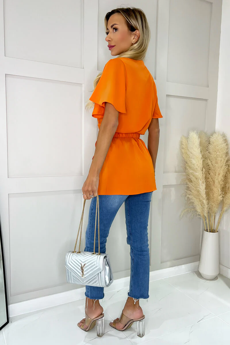 Orange Short Sleeve Wrap Belted Top - Image 5