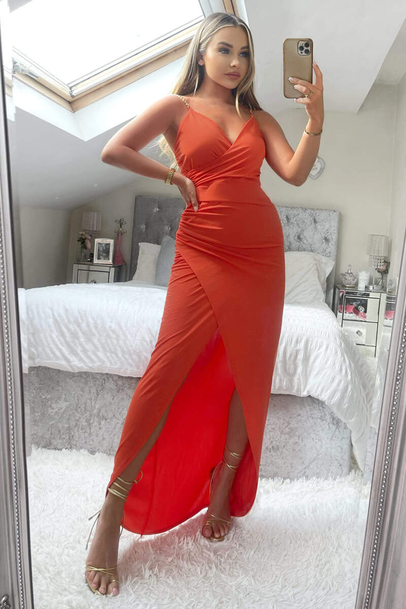 Orange Wrap Over Midi Dress With Chain Straps - Image 2