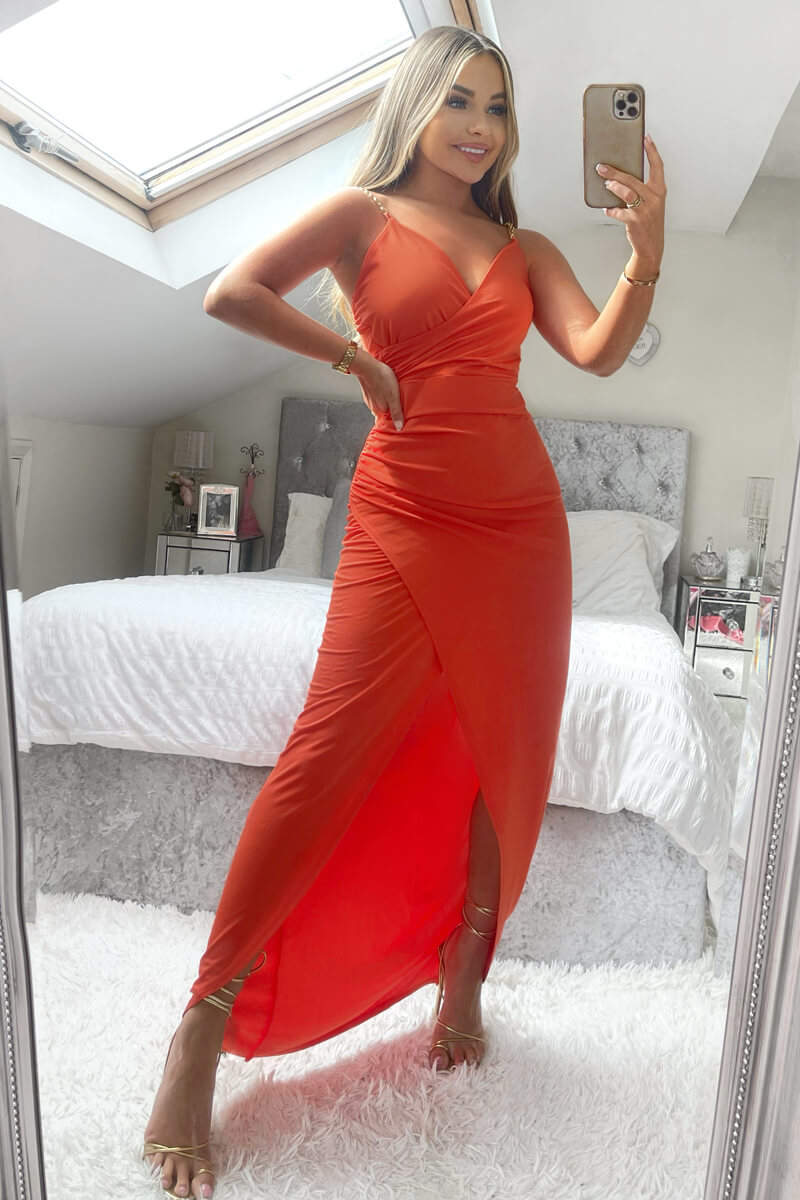 Orange Wrap Over Midi Dress With Chain Straps - Image 3