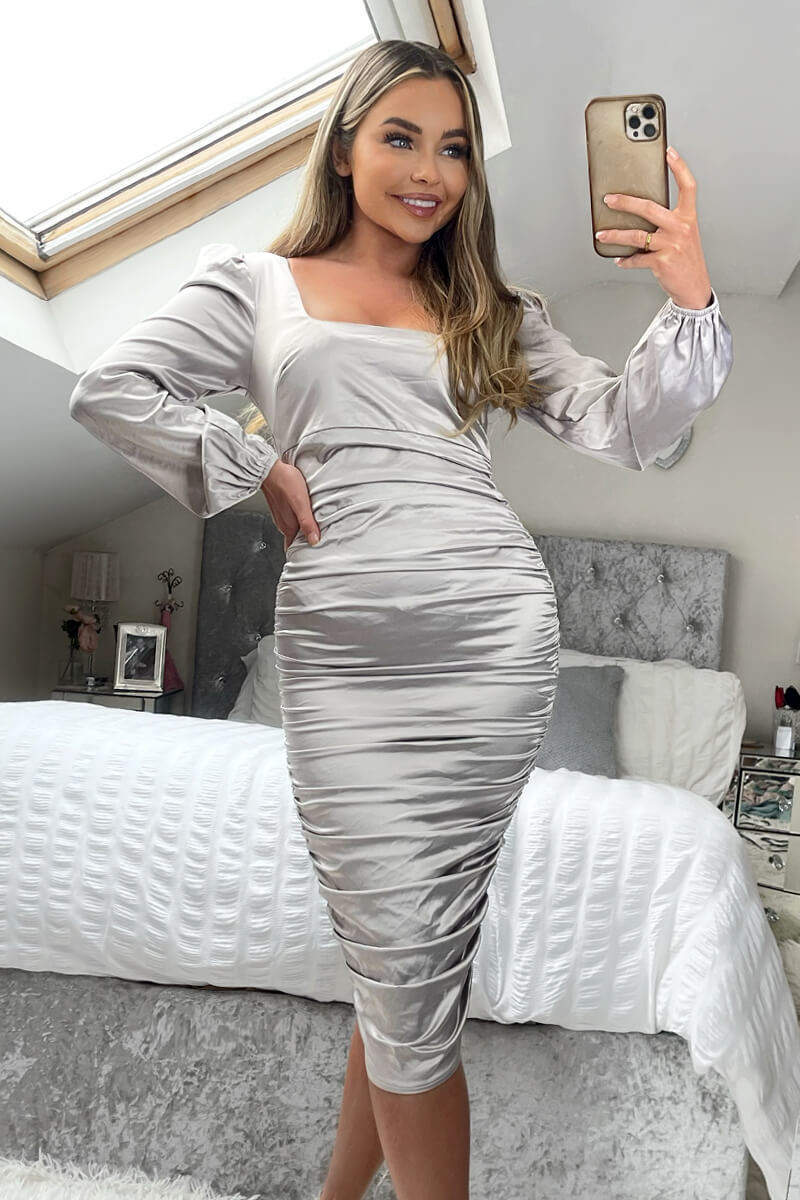 Oyster Satin Square Neck Ruched Dress - Image 2