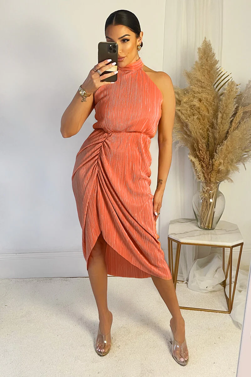 Peach Halter Neck Plisse Gathered Midi Dress - Image 2