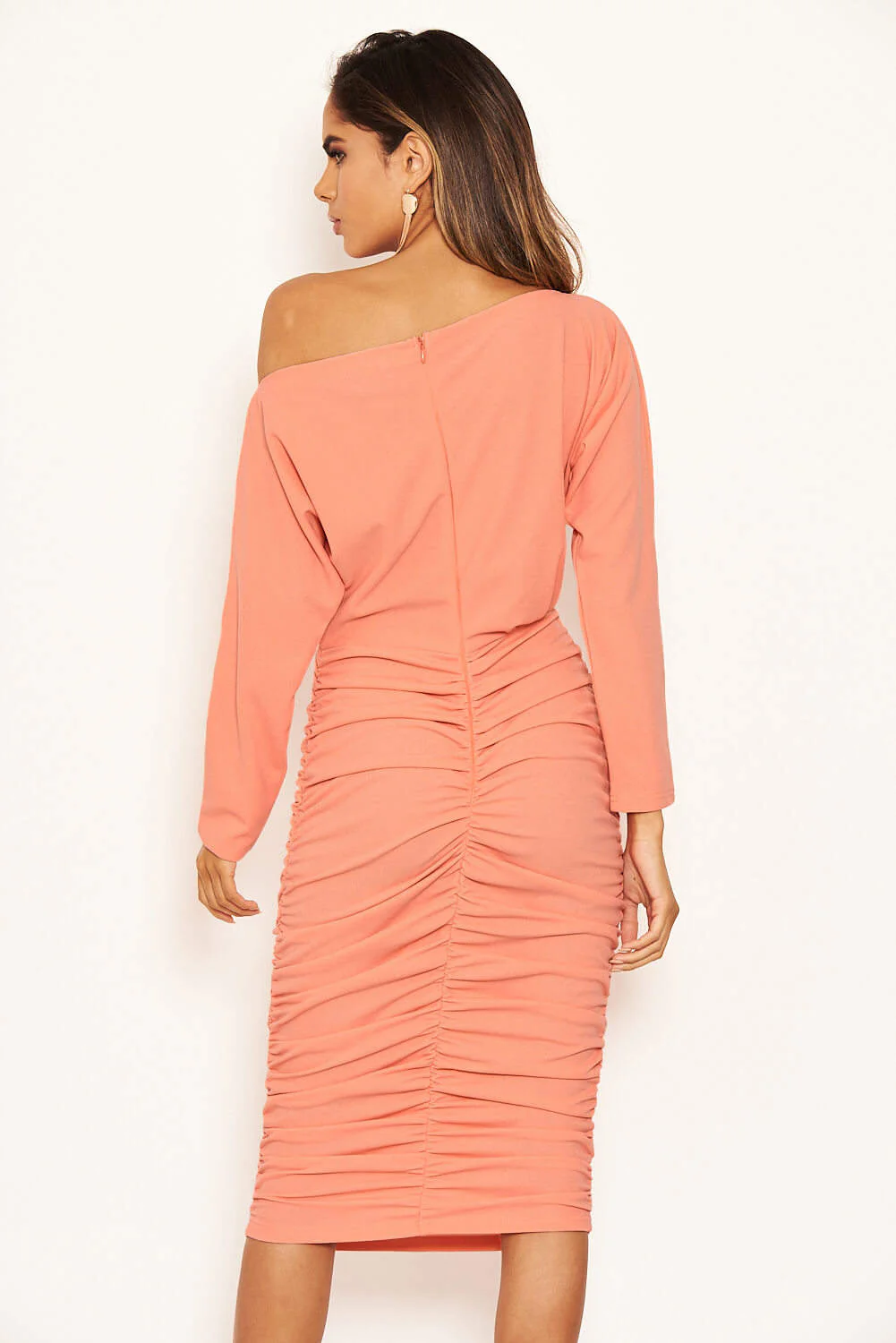 Peach Off Shoulder Ruched Dress - Image 4