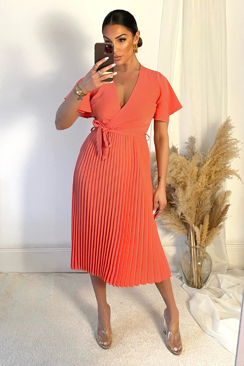 Peach Pleated Midi Dress with Tie Waist - Image 2