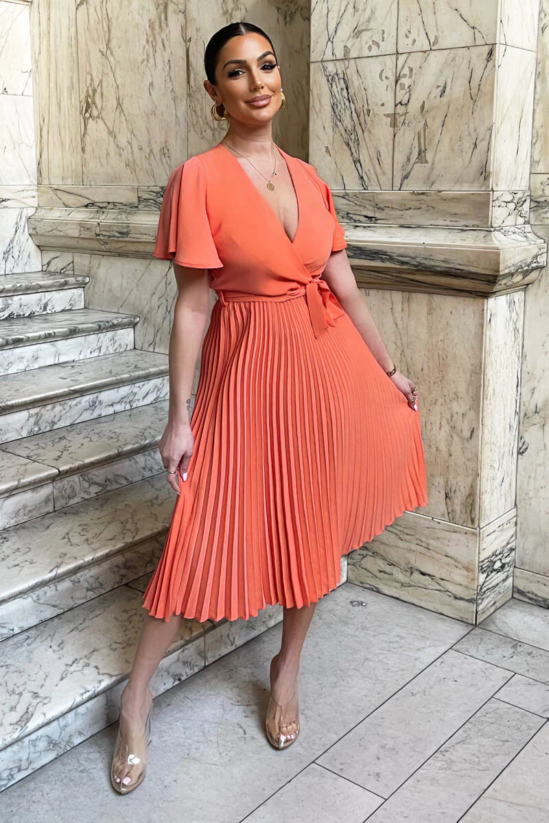 Peach Pleated Midi Dress with Tie Waist - Image 3