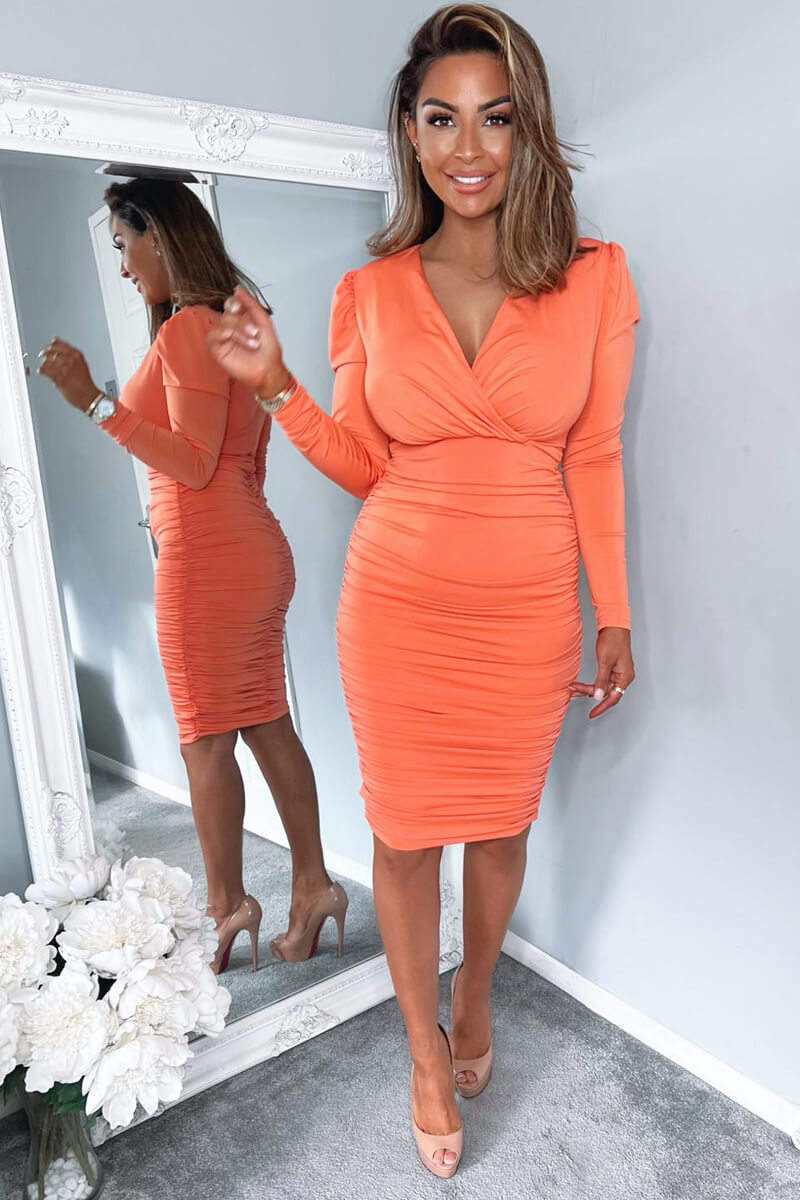 Peach Ruched Long Sleeve Cross Front Midi Dress - Image 2