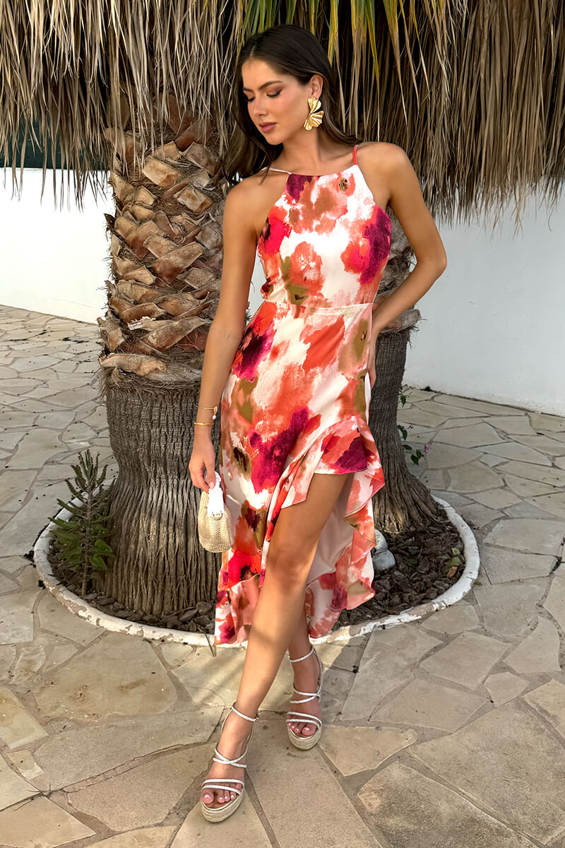 Peach Smudge Print Racer Neck High Low Frill Hem Midi Dress - Image 2