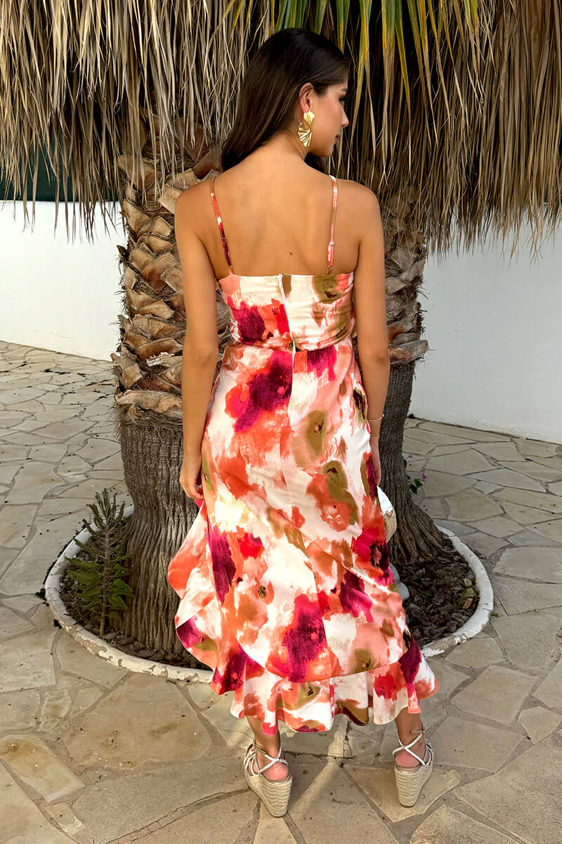 Peach Smudge Print Racer Neck High Low Frill Hem Midi Dress - Image 5