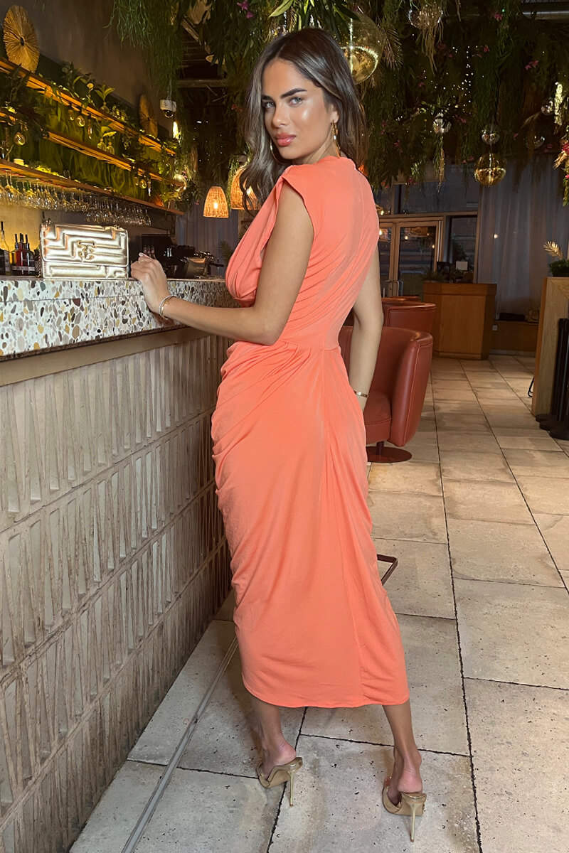 Peach Wrap Draped Midi Dress - Image 5