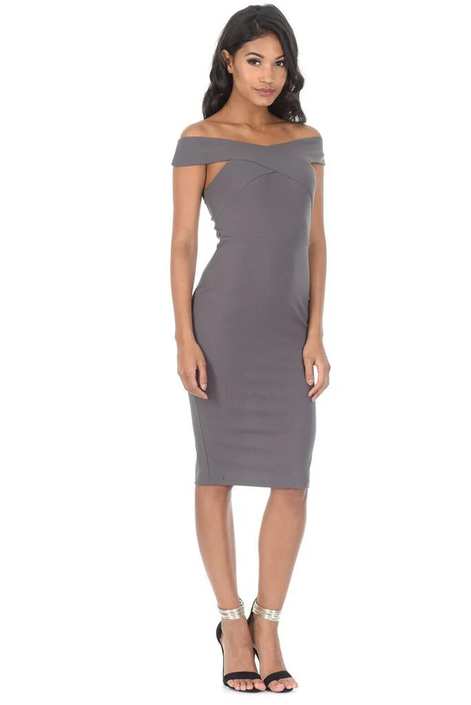 Pewter Cross Over Bardot Bodycon Dress - Image 2