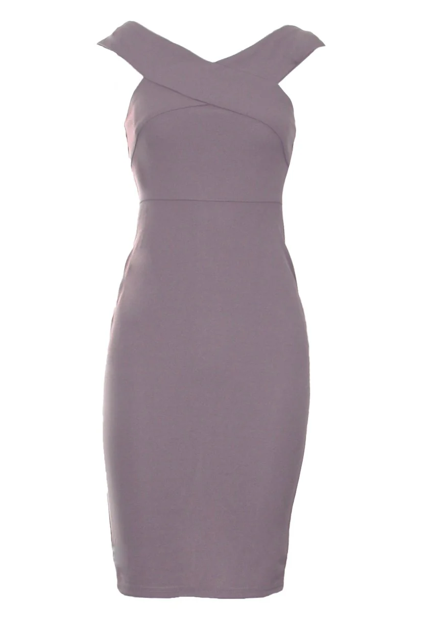 Pewter Cross Over Bardot Bodycon Dress - Image 4