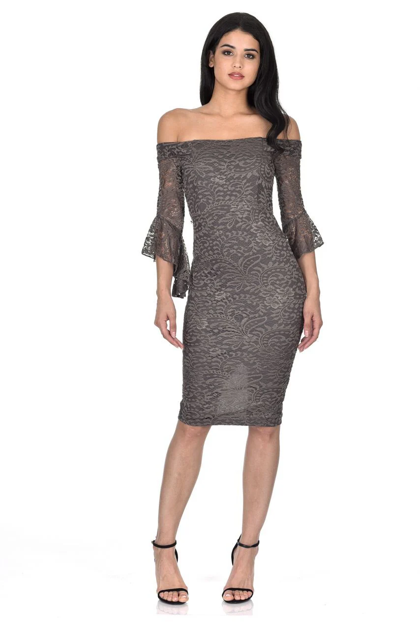 Pewter Off The Shoulder Bell Sleeve Dress - Image 2