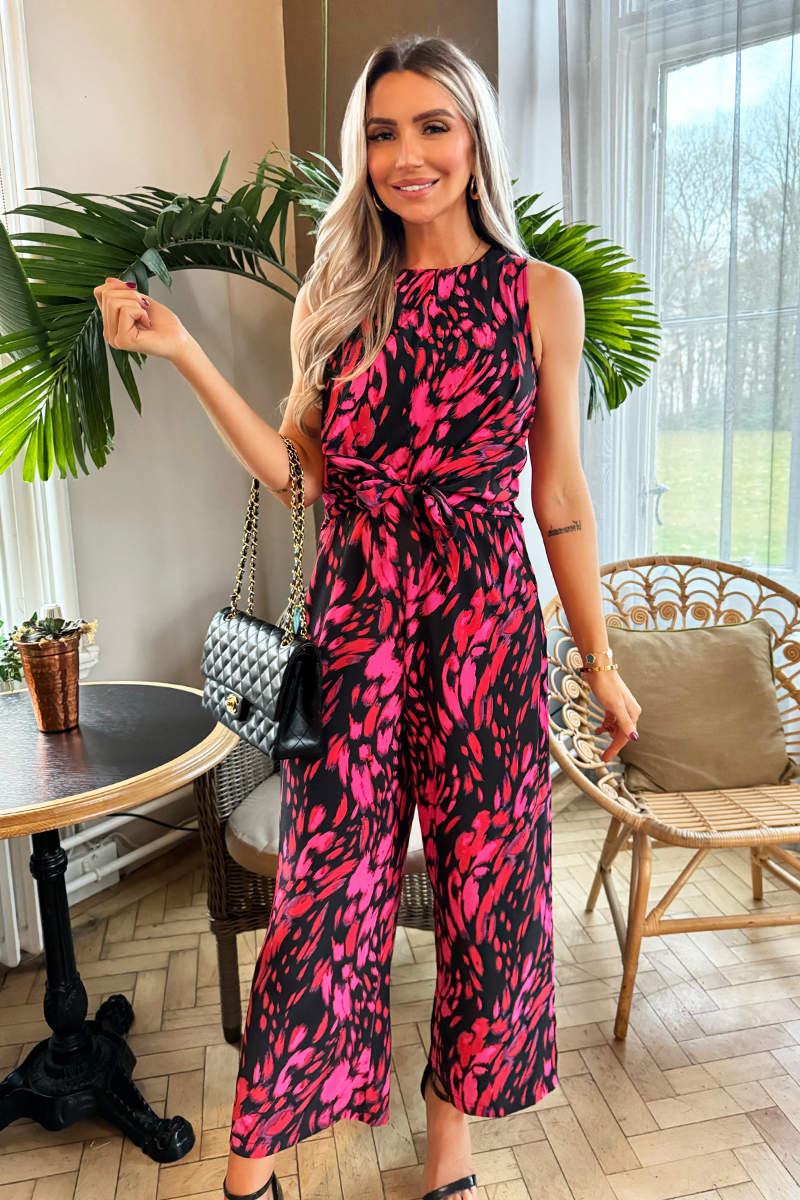 Pink And Black Printed Sleeveless Knot Front Jumpsuit - Image 5