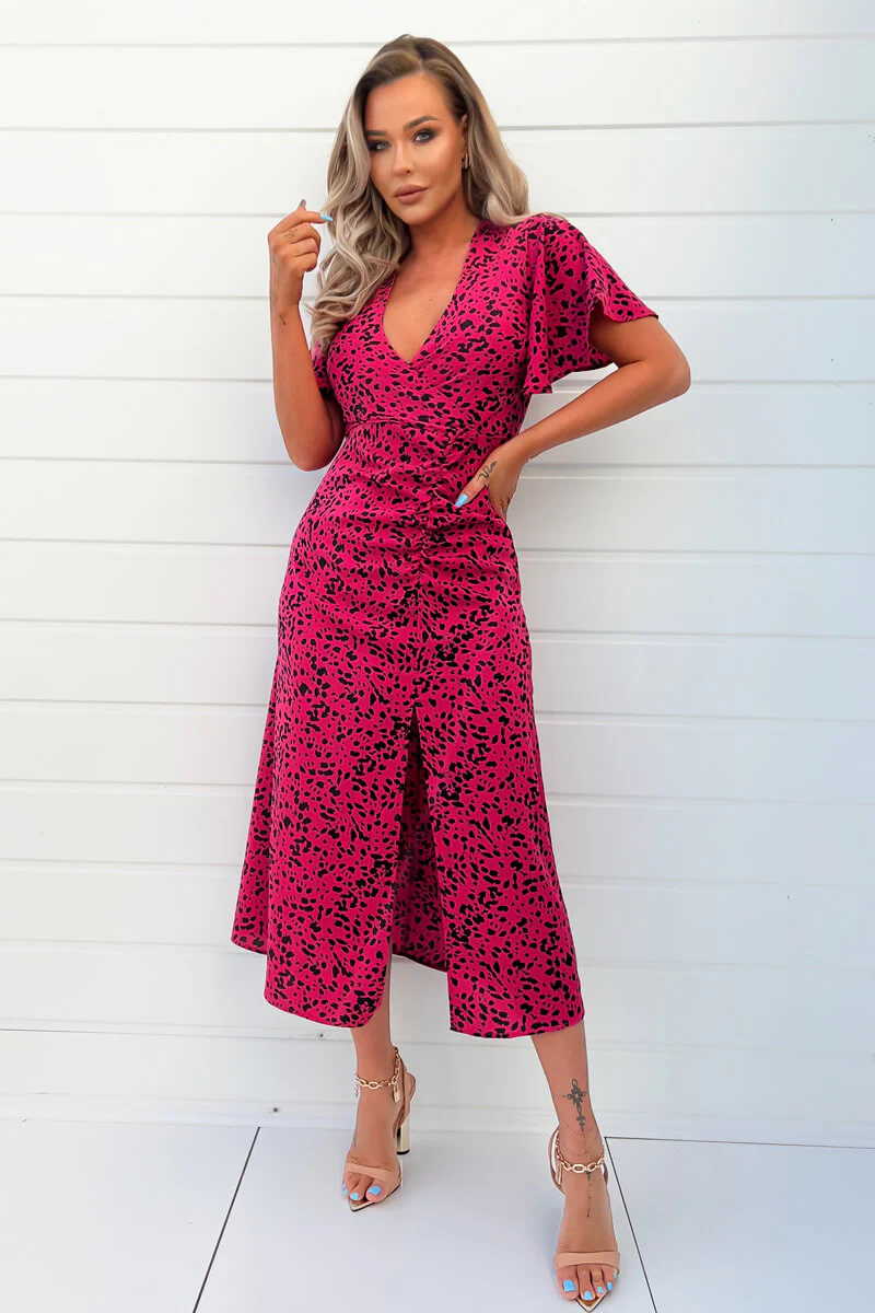 Pink And Black Printed Split Skirt Midi Dress - Image 2