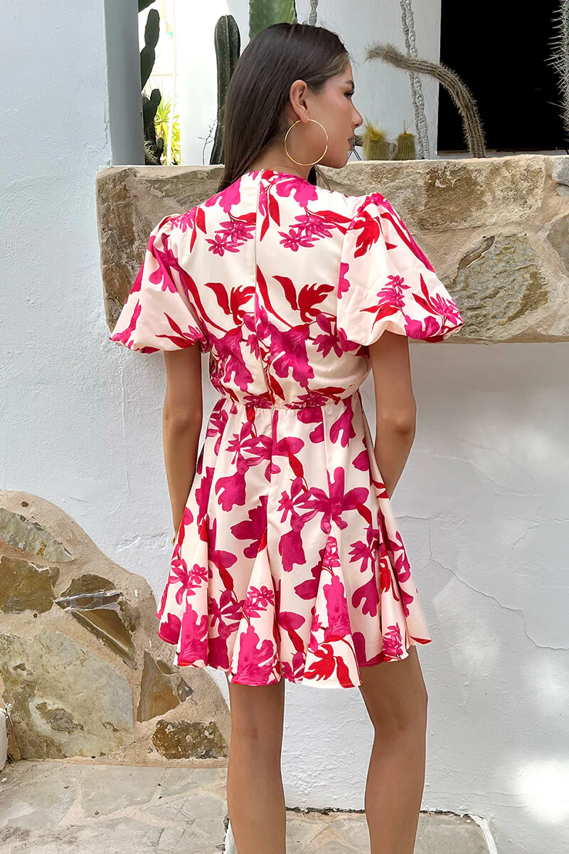 Pink And Cream Floral Print Puff Sleeve Skater Mini Dress - Image 5
