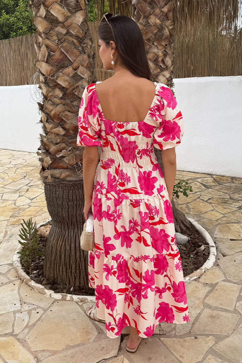 Pink And Cream Floral Print Puff Sleeve Smock Midi Dress - Image 5