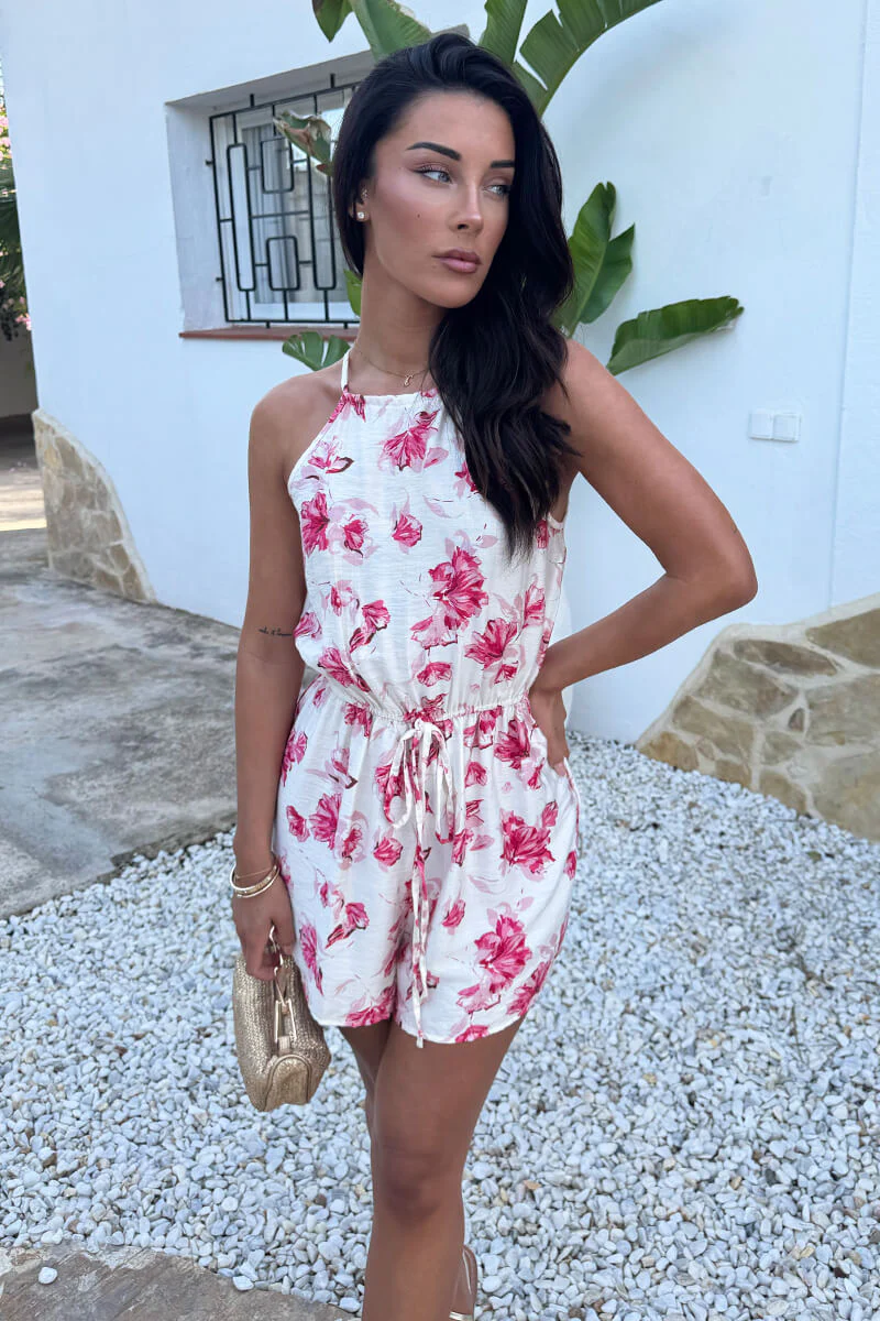 Pink And Cream Floral Print Racer Neck Drawstring Playsuit - Image 3