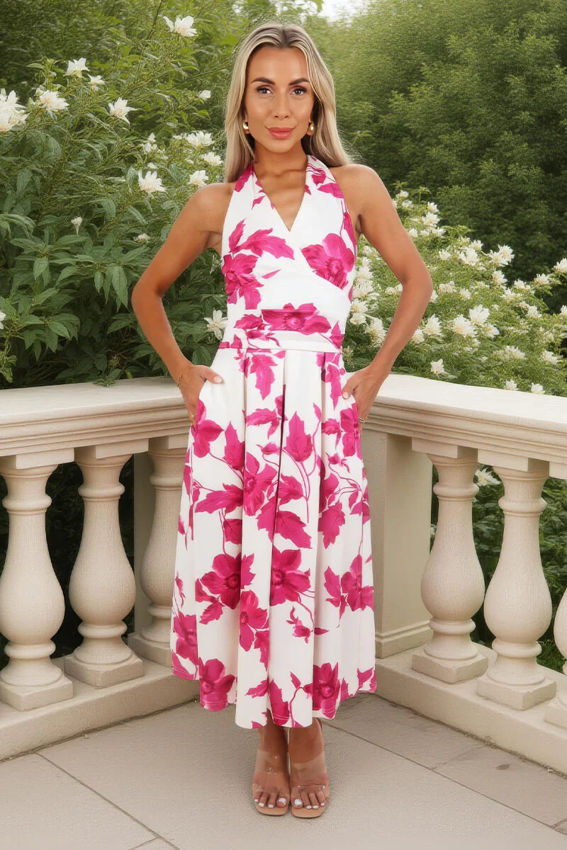 Pink And Cream Floral Print Tie Halter Neck Midi Dress - Image 3