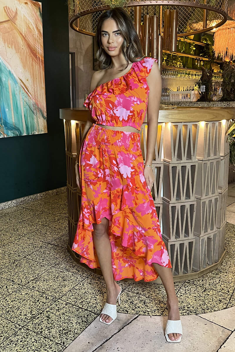 Pink And Orange Floral One Shoulder Frill Detail Top - Image 5