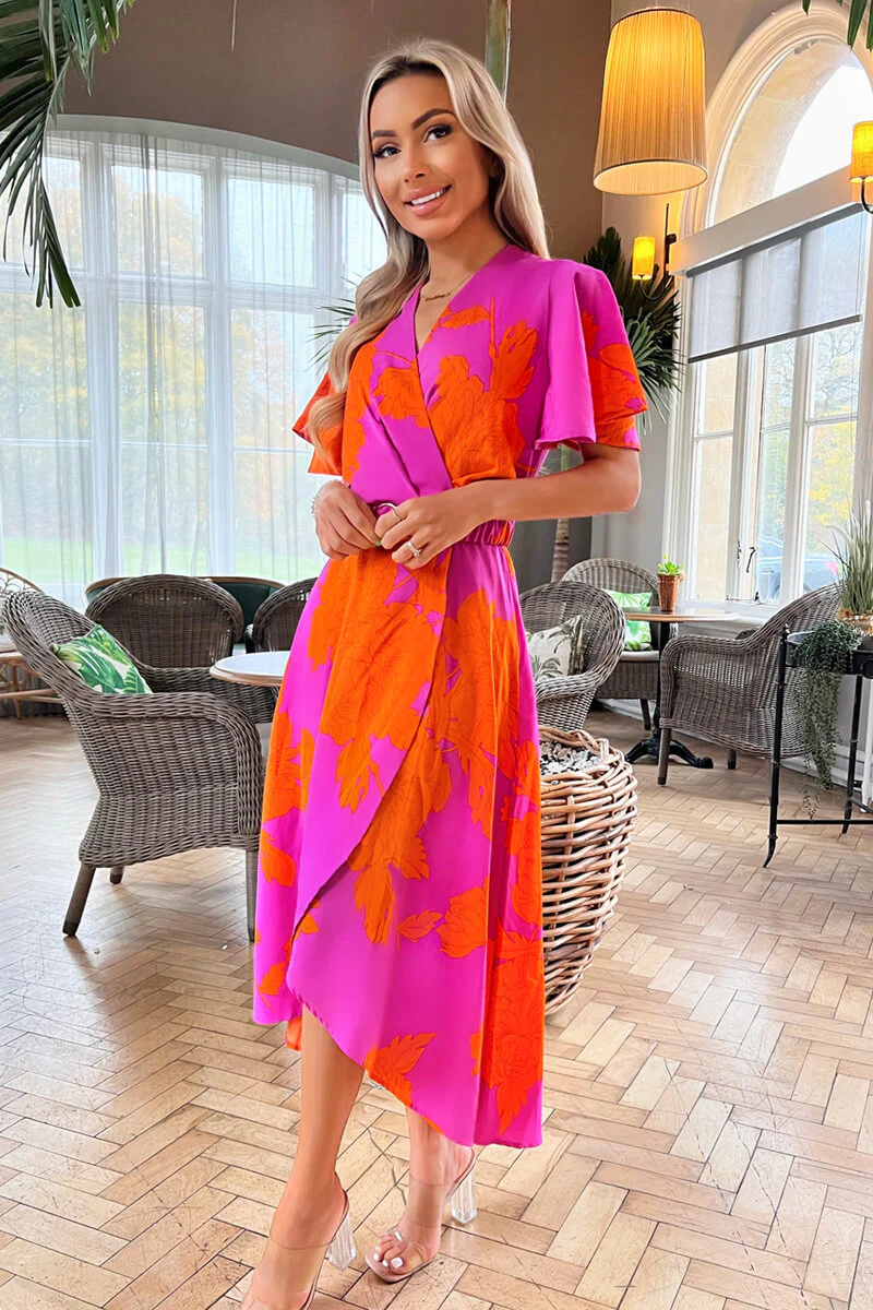 Pink And Orange Floral Print Belted Wrap Midi Dress - Image 3
