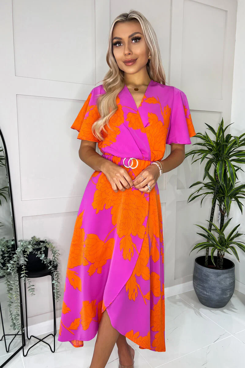 Pink And Orange Floral Print Belted Wrap Midi Dress - Image 5