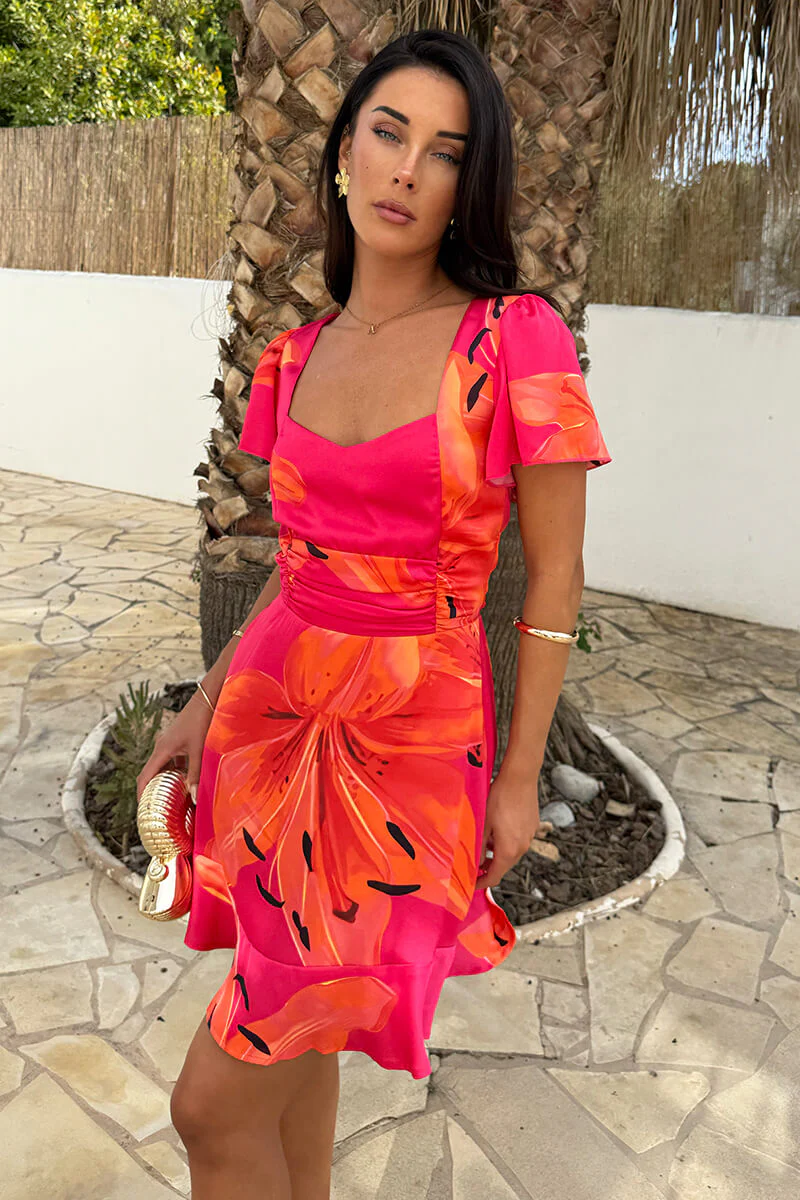Pink And Orange Floral Print Frill Hem Mini Dress - Image 3