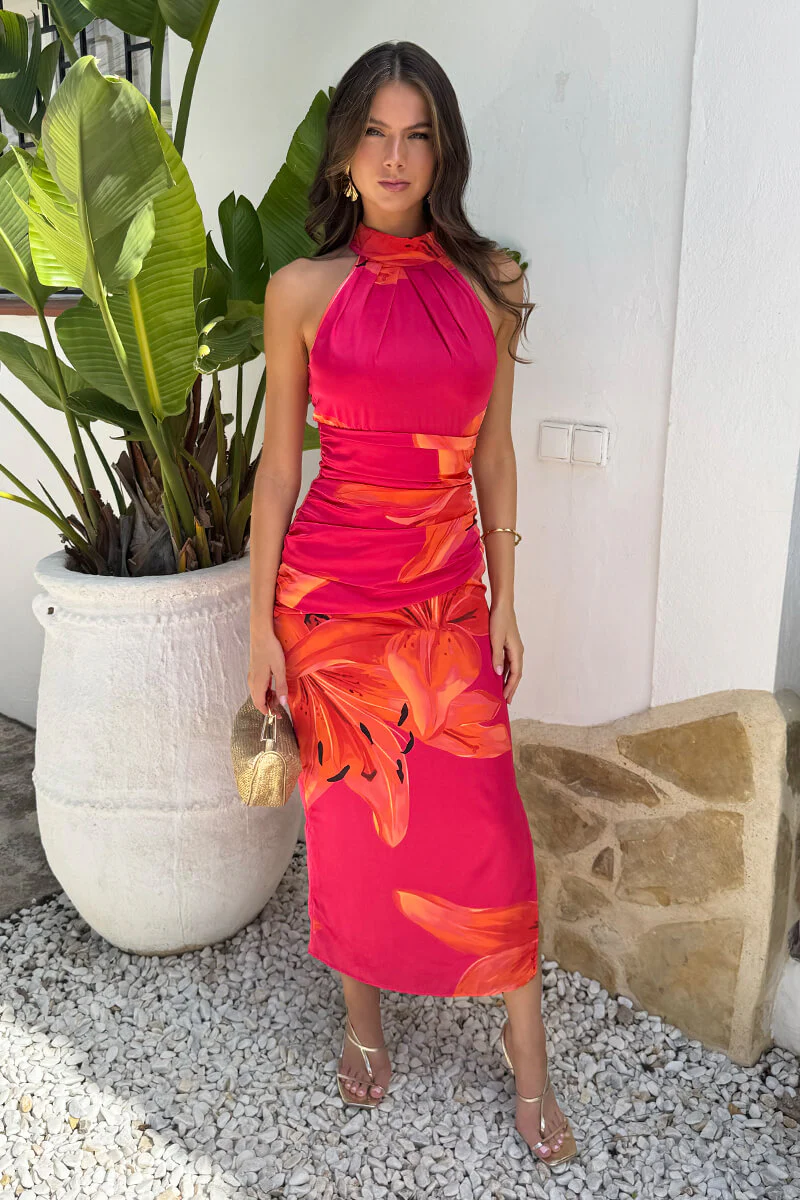 Pink And Orange Floral Print Halter Neck Midi Dress
