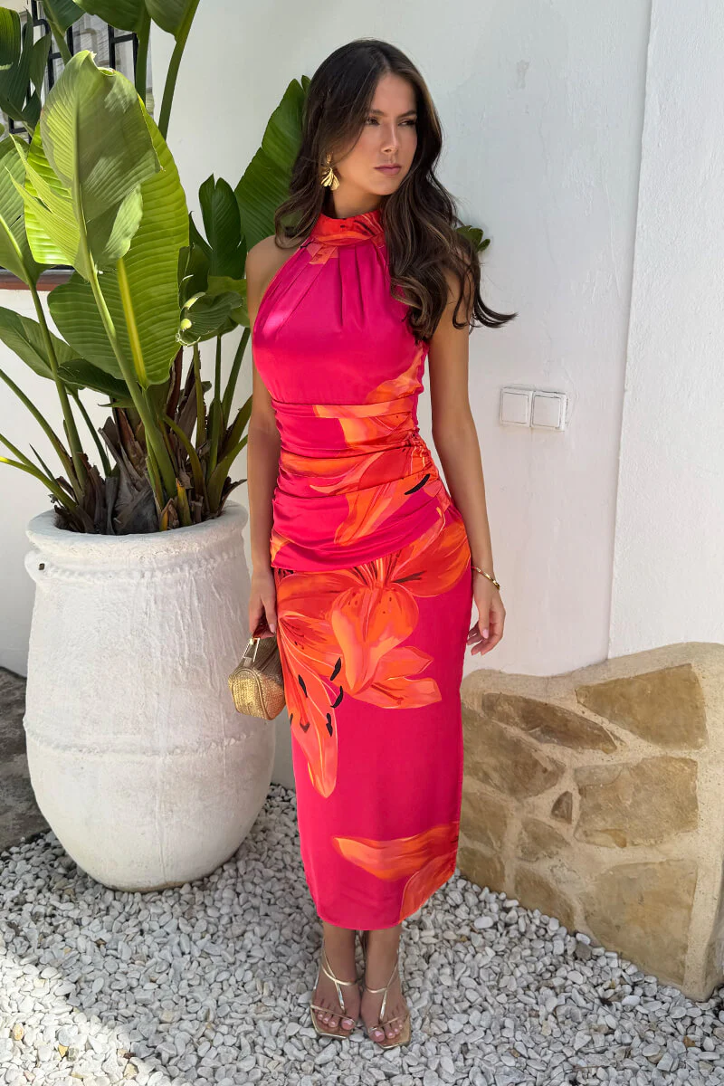 Pink And Orange Floral Print Halter Neck Midi Dress - Image 2