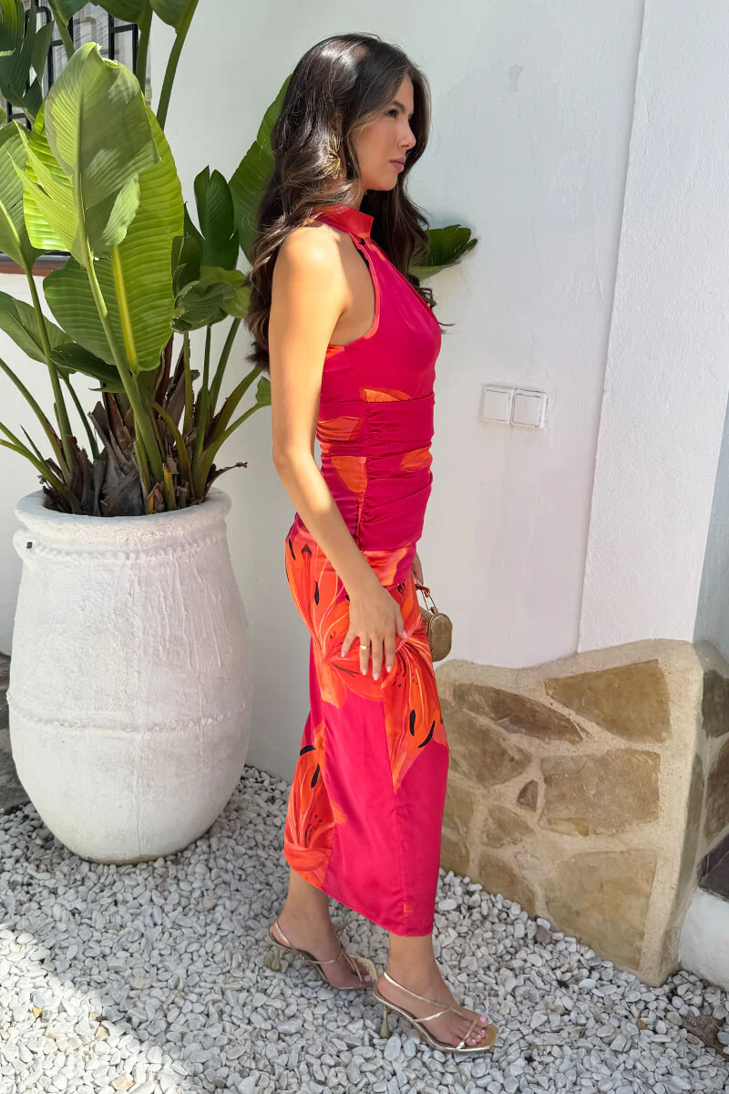Pink And Orange Floral Print Halter Neck Midi Dress - Image 4