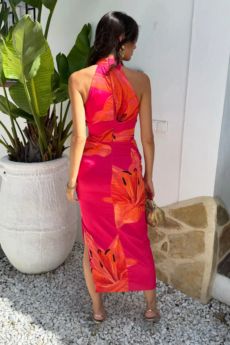Pink And Orange Floral Print Halter Neck Midi Dress - Image 5